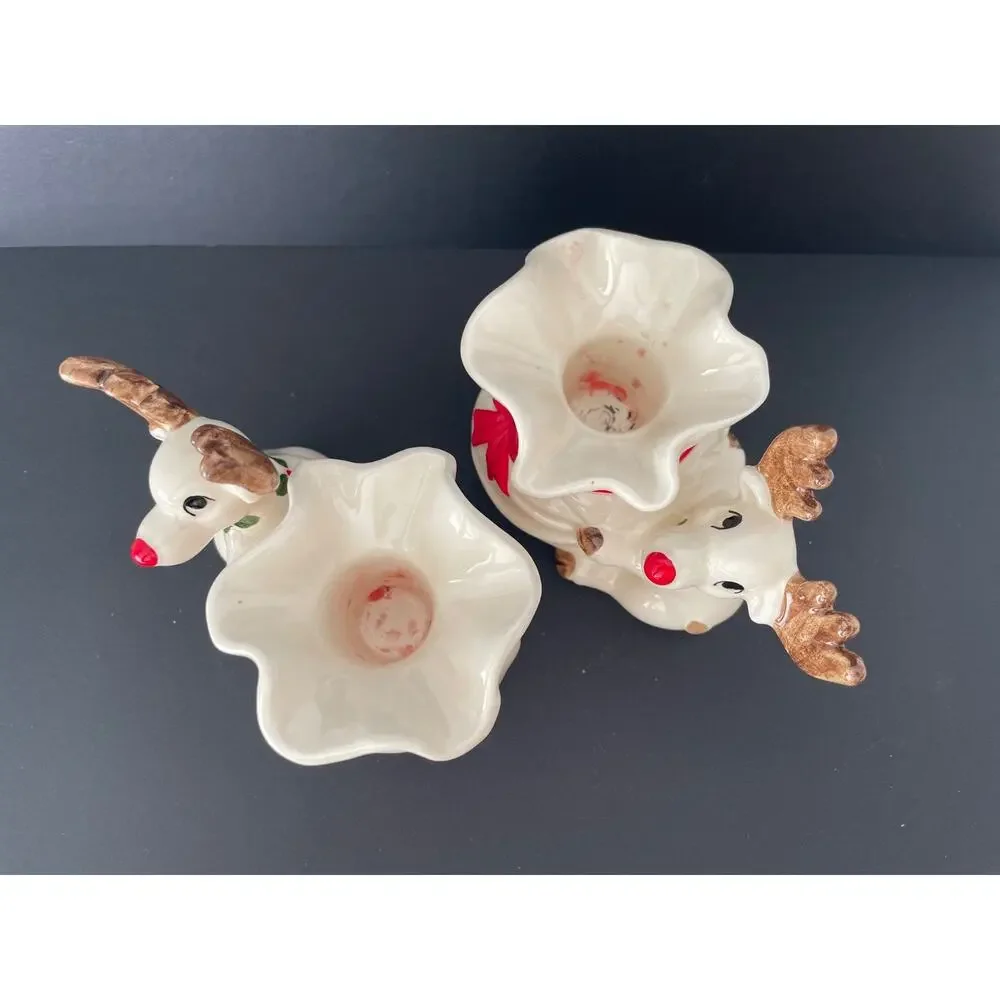 Vintage Christmas 1970s Fitz and Floyd Pr. Reindeer Candle Holders & Box Rudolph